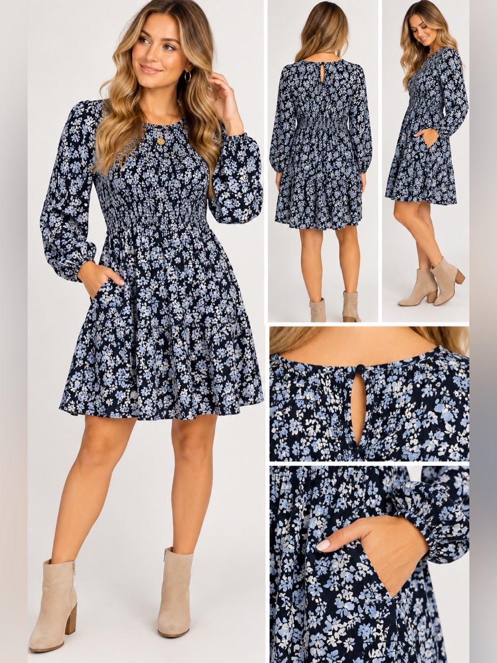 Old Navy Floral Smocked Long Sleeve Mini Dress Pockets Navy Blue M